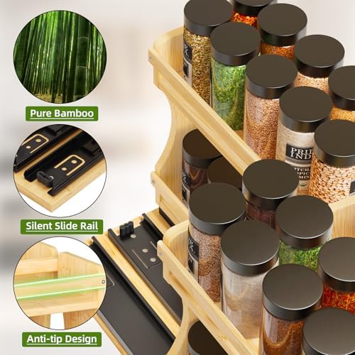BAMEOS Pull Out Spice Rack Organizer for Cabinet, Bamboo Wide 9" Slide Out Seasoning Organizer for Kitchen, No Drill Anti-Tip Ball Bearing Silent Glides, Pantry Cabinet Organizer, Natural - Image 4