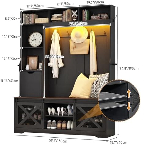 75''H 59''W Large LED Farmhouse Hall Tree with Bench and Shoe Storage,Entryway Bench with Coat Rack,16 Shoe Cubbies & Umbrella Holder and Sock Storage Drawer,Mudroom/Hallway Storages Cabinet(black) - Image 5