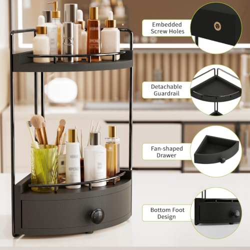 2-Tier Corner Bathroom Counter Organizer with Drawer, Black - Image 6