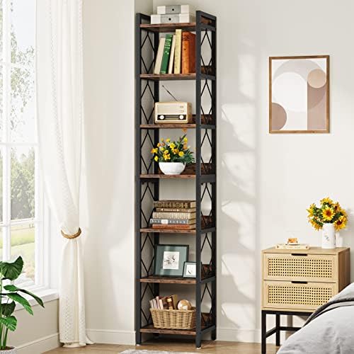 Tribesigns 78.7 Inch Tall Skinny Narrow Bookshelf Bookcase Set of 2, Brown - Image 4