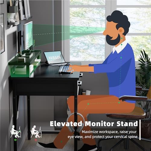 Pamray 32 Inch Small Computer Desk with Monitor Stand and 2 Drawers - Image 5