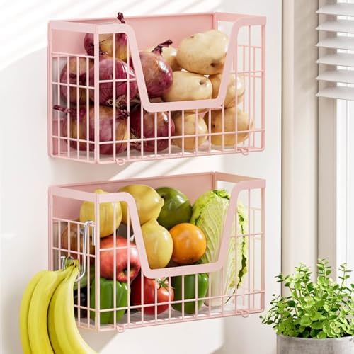 2 Pack Magnetic Shelves for Fridge, Pink Magnet Wire Fruit Baskets by YIWANFW