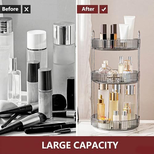 INVSSENE 360° Rotating Makeup Organizer, Bathroom Make Up Spinning Holder Rack, Large Capacity Cosmetics Storage Vanity Shelf Countertop, Fits Cosmetics, Perfume, Skincare, Lipsticks(3 Tiers, Gray) - Image 3