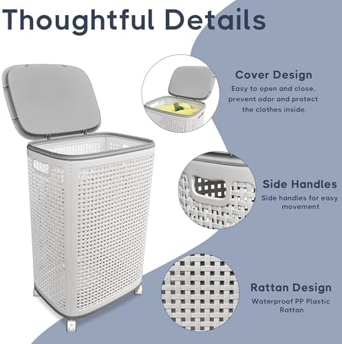 Sufdari 90L Laundry Basket with Wheels, Rolling Laundry Hamper with Lid and Handles, Plastic Rattan Clothes Organizer, Dirty Clothes Basket for Laundry Room, Bedroom, Dormitory Storage - Image 6