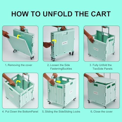 MACOPRO Folding Utility Cart Portable Rolling Crate Handcart Shopping Trolley Collapsible Tool Box, with Lid, Basket on 4 Rotate Wheels, for Grocery, Office, Teacher, Travel Shop Move Luggage (Green) - Image 5