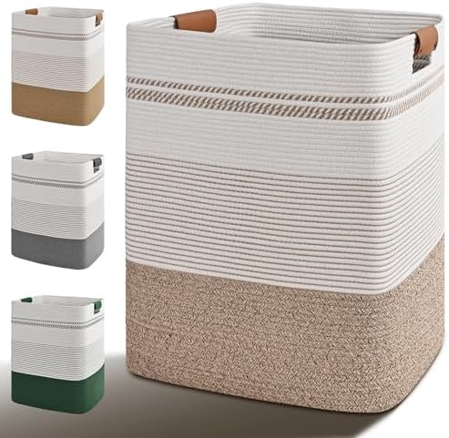 Laundry Hamper, 85L Tall Laundry Basket with Leather Handles, Rectangle Large Clothes Hamper for Organizing, Cotton Woven Laundry Baskets Storage Hampers for Bedroom, Nursery, Living Room by Degeyoyo