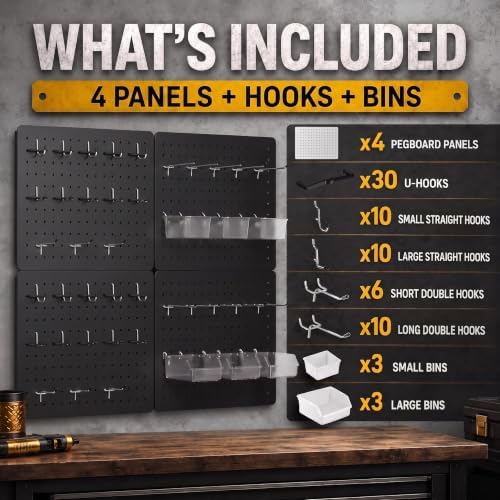 Pegboard Organizer Kit, 4 Pack 12 x 16 in Metal Panels with 6 Bins, Black - Image 3