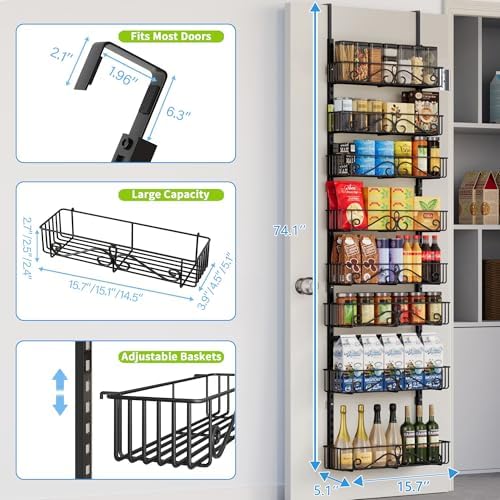 8-Tier Over Door Pantry Organizer,Heavy Duty Adjustable Metal Shelf for Pantry, Black - Image 2