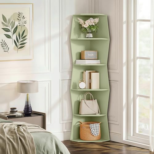 6-Tier Wavy Corner Shelf, Wooden Tall Corner Bookshelf, Green - Image 3