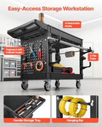 VEVOR Utility Cart with Tray & Pegboard, 44.8 x 24in 2 Tier Service Cart with 360° Swivel & Fixed Wheels (2 Brakes), 550 LBS Work Cart Tub Storage W/Deep Shelves, Tool Storage for Garage Warehouse - Image 3