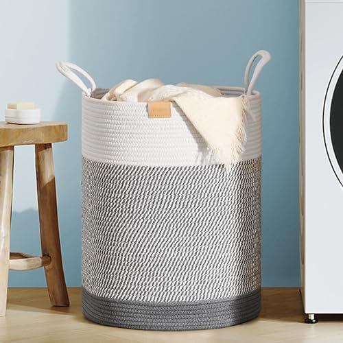 Nunsino Laundry Hamper 62L,Large Laundry Basket for Clothes,Decorative Storage Basket for Blankets,Cotton Rope Woven basket for bedroom,Grey White by Nunsino