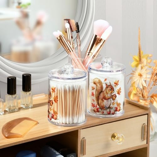 Fustylead 4 Pack Watercolor Autumn Squirrel and Acorns Plastic Apothecary Jar Set for Cotton Swab, Ball, Pad, Floss, Qtip Holder Dispensers for Bathroom Storage Organizer - Image 5