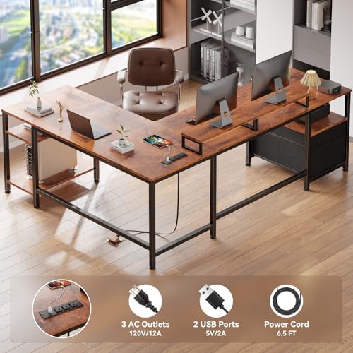 Furologee 66'' L Shaped Desk with Power Outlet and 2 Drawers, Rustic Brown - Image 4