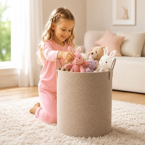 Large Woven Laundry Basket Hamper 80L Cotton Rope Storage Bin Tall Laundry Hamper for Blanket Toy and Clothes Living Room,Baby Nursery,Bathroom, Brown - Image 6