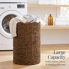 Best Choice Products Scalloped Laundry Large Round Hamper, Handwoven Laundry Basket for Clothes, Towels, Blankets, Multipurpose Storage Organizer For Laundry Room or Closet - Chestnut - Image 4