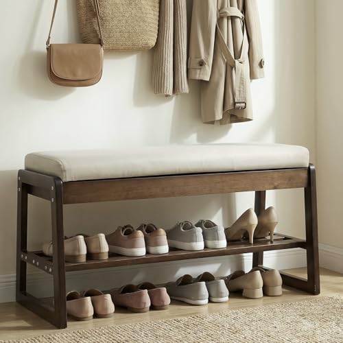 Shoe Rack Bench with Cushion, 2-Tier Entryway Bench with Storage for Front Entrance, Hallway Living Room Bedroom (Walnut, 31.5") by Moutosne