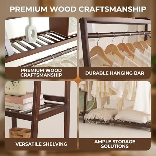 Baveke Standing Clothes Rack with Shelves, Free Standing Closet Garment Racks for Hanging Clothes, 7 Shelf Bamboo Closet Organizer System, Heavy Duty Clothes Hanging Rack for Bedroom - Image 5