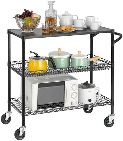 Finnhomy 3 Tier Heavy Duty Commercial Grade Utility Cart with Wood Top, Wire Rolling Cart with Wheels and Handle Bar, Kitchen Carts on Wheels, 18x36x35.4 H Metal Cart with 600 LBS Capacity, Black - Image 7