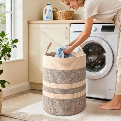 Large Laundry Basket, Laundry Hamper with Leather Handles, 75L Woven Dirty Clothes Hamper, Rope Hampers for Bedroom, Barthroom, Dark Brown - Image 3
