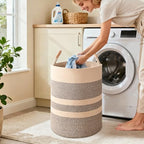 Large Laundry Basket, Laundry Hamper with Leather Handles, 75L Woven Dirty Clothes Hamper, Rope Hampers for Bedroom, Barthroom, Dark Brown - Image 3