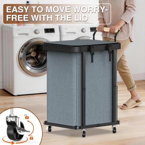 Laundry Hamper with Lid,Leather Patchwork Laundry Basket with Wheels Grey - Image 3