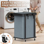 Laundry Hamper with Lid,Leather Patchwork Laundry Basket with Wheels Grey - Image 3