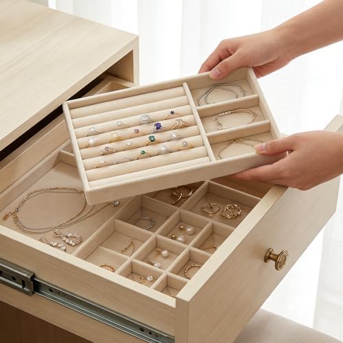 16 Pack Velvet Jewelry Trays for Drawers, Stackable Jewelry Organizer Trays with Dividers, 8.3 x 5 in Drawer Inserts for Rings Necklaces Earrings Bracelets, Beige - Image 3