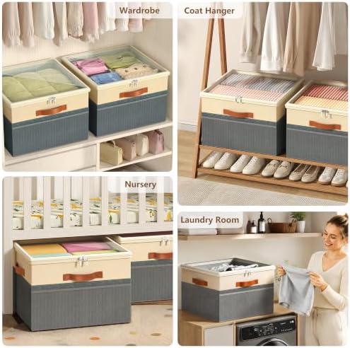 Shoe Organizer for Closet, 2 Pack Foldable Shoe Storage Organizer Box Bin with Adjustable Dividers and Clear Cover, Fits up to 16-32 Pairs（Grey&Beige） - Image 7
