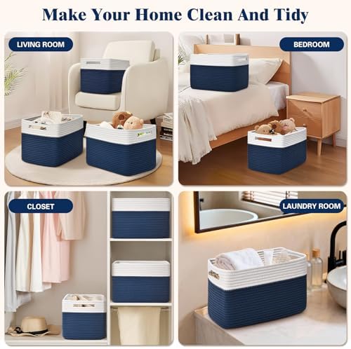 Storage Baskets for Organizing, 4 Pack Baskets for Shelves, Decorative Storage Bins for Shelves, Cotton Rope Storage Basket with Handles, Woven Basket for Storage, 13''Lx8.7''Wx7.9''H, White & Blue - Image 6