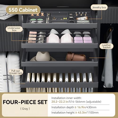 Luxury 4-Piece Pull Out Closet Organizer Set - Integrated Wardrobe System with Jewelry Tray, Underwear Box, Non-Slip Pants Rack & Large Storage Basket - Lychee Leather Lined, Soft Close - Image 2