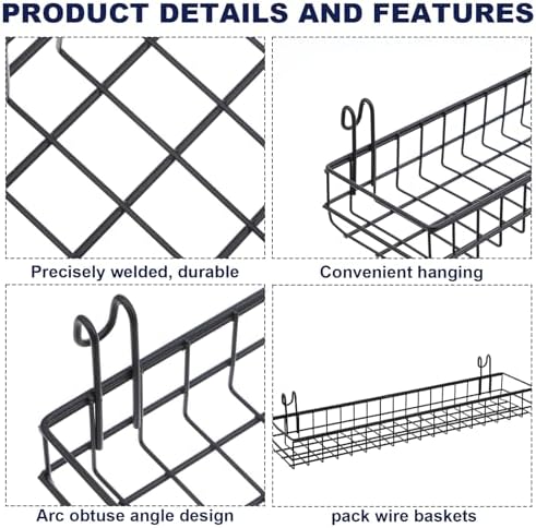 4 Pcs 15.75 x 3.94 x 1.97 Inch Black Metal Grid Wall Hanging Basket, Wire Storage Organizer Baskets with Hooks for Kitchen, Bathroom, Home Decor - Image 3