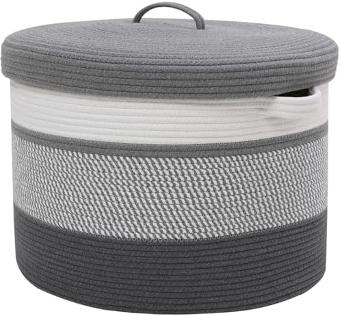 20x15 Inch Extra Large Round Cotton Rope Storage Basket with Lid, Decorative Woven Bin with Cover for Living Room Bedroom Closet, Grey Mix & Dark Grey by Cottonphant