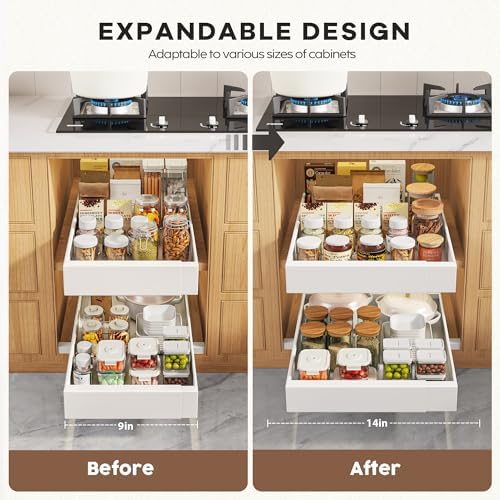 Seinloes 4 Pack Pull Out Cabinet Organizers 21" Deep With Raising Pad for Framed Cabinets, Expandable Width (9"-14") Slide Out Drawers Upgrade 3 Slide Rails, Roll Out Shelves Adhesive, White - Image 3