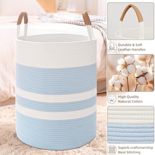 Large Laundry Basket, Laundry Hamper with Leather Handles, 90L Woven Dirty Clothes Hamper, Rope Hampers for Bedroom, Barthroom, Blue - Image 5