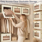 DIMJ Storage Bins with Lids - 4 Pack Front Opening Stackable Fabric Storage Boxes with Clear Window & Handles, Collapsible Closet Organizers for Clothes, Sweaters, Shelf Storage, Bedroom, Beige - Image 2