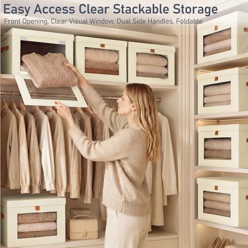 DIMJ Storage Bins with Lids - 4 Pack Front Opening Stackable Fabric Storage Boxes with Clear Window & Handles, Collapsible Closet Organizers for Clothes, Sweaters, Shelf Storage, Bedroom, Beige - Image 2