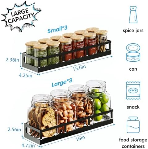 X-cosrack 6-Tier Wall-Mounted Spice Rack Organizer with Mixed Basket Sizes, Height-Adjustable Hanging Spice Shelf for Kitchen Pantry Cabinet, Large-Capacity Seasoning Holder, Black - Image 6