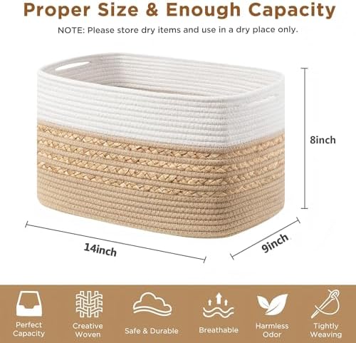 UBBCARE 2 Pack Baskets for Organizing, Woven Storage Baskets for Toys and Towel, Rectangle Cotton Rope Basket with Handles, 14''L x 8''W x9''H, Brown - Image 2
