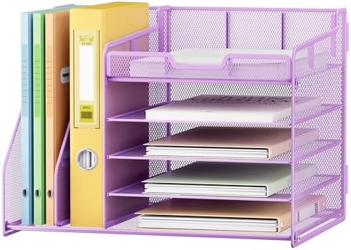Lavatino 5-Tier Desk Organizer with 2 File Holders, Metal Adjustable Paper Letter Tray for Office or Home Desk Organizers and Accessories | 7 Flexible Dividers Keep Workspace Supplies Neat, Purple - Image 2
