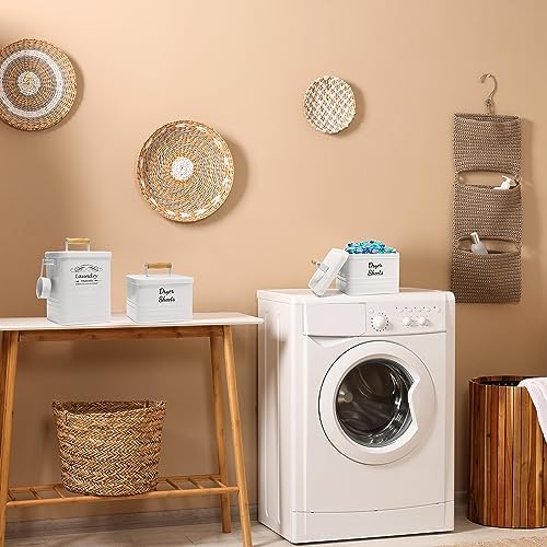 SSTATES Laundry Room Organization Set, Metal Laundry Detergent Pods Container and Dryer Sheet Holder with Lid, Laundry Powder Storage Bin with Scoop for Farmhouse Decor, (2 Pack, White) - Image 7
