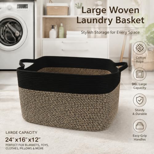 96L Laundry Basket with Handles, Extra Blanket Basket, Black/Jute - Image 5