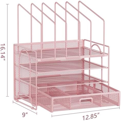 Marbrasse Desk Organizers, 4-Tier Mesh Desk File Organizer with 5 Vertical File Holders and 2 Pen Holders, Multifunction Desktop Organizer,Desk Organizers and Accessories for Home Office (Pink) - Image 5