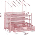 Marbrasse Desk Organizers, 4-Tier Mesh Desk File Organizer with 5 Vertical File Holders and 2 Pen Holders, Multifunction Desktop Organizer,Desk Organizers and Accessories for Home Office (Pink) - Image 5
