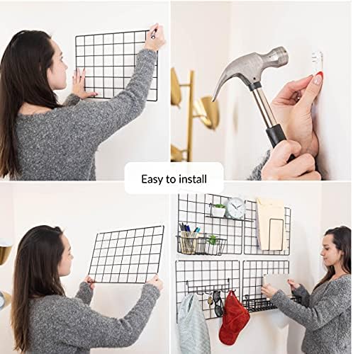 ODOXIA 2 Pack Wire Wall Grid Panel With Accessories | Includes Hanging Basket, Shelf & Hook Rack | Photo Grid Wall Panels | Hanging Home, Office & Kitchen Décor | Metal & Black - Image 4