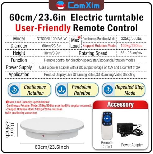 23.6In Remote Large Motorized electric turntable Rotating platform Photography Turntable Motorized lazy susan Base giratoria para for Photography,3D Scanner,Heavy duty display(Load Range:220~500lbs) - Image 2
