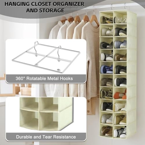 20 Section Hanging Shoe Organizer for Closet, Hanging Closet Organizer and Storage Space-Saving Foldable Clothes Shelf with Sturdy Hooks for Wardrobe, Dorm, Bedroom, Rv, Beige - Image 4