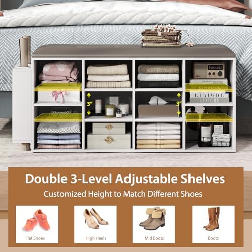 Tangkula Shoe Storage Bench with Umbrella Stand, 10-Cube Entryway Bench with Adjustable Shelf & Padded Cushion, Cubby Shoe Rack Organizer for Bedroom & Checkroom, Rustic Brown & Black (White) - Image 7