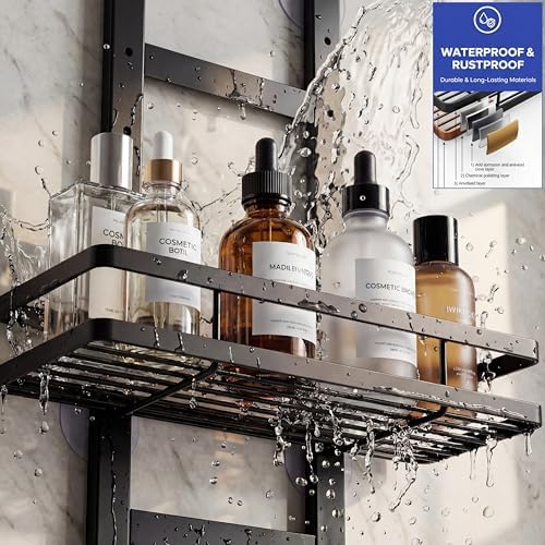 Over the Door Shower Caddy Hanging, Rustproof Shower Shelves with Waterproof Phone Pouch, 2-Tier Adjustable Bathroom Organizers and Storage, No Drilling Shower Shelf, Black Shampoo Soap Holder - Image 3