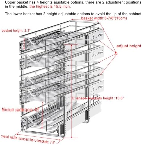 DINDON Pull Out Cabinet Organizer (7-1/2" W x 21-1/2"D), Cabinet Pull Out Shelves, 2 Tier Pull Out Drawers for Kitchen Cabinets, Wire Basket Slide Out Shelf for Cabinet Organization - Image 2