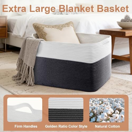 75L Large Blanket Storage Basket with Handles - White & Black - Image 3
